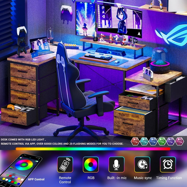 Homieasy L Shaped Desk With File Drawer, Reversible L Shaped Computer Power Outlet Led Lights Home Office Corner Monitor Shelf Printer Cabinet White