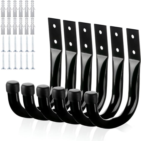 TALENO Heavy Duty Garage Hooks for Hanging,6Pcs Large Garage Hooks for Extension Cord Tool Cable,Black Wall Mount J Utility Hooks with Wall Anchors and Screws