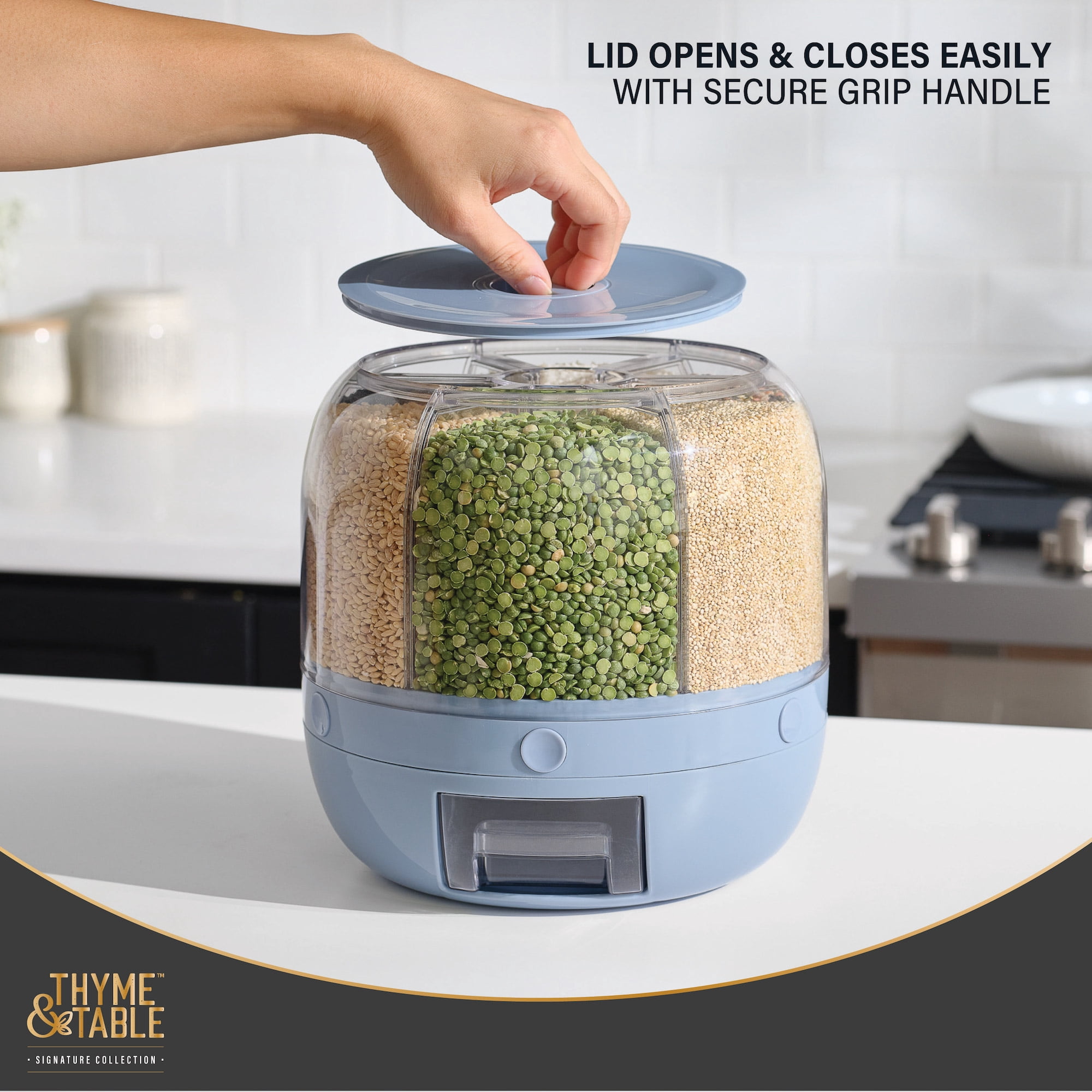 Thyme & Table 6 Section Rotating Plastic Food Storage Dispenser with Removable Drawer, Blue