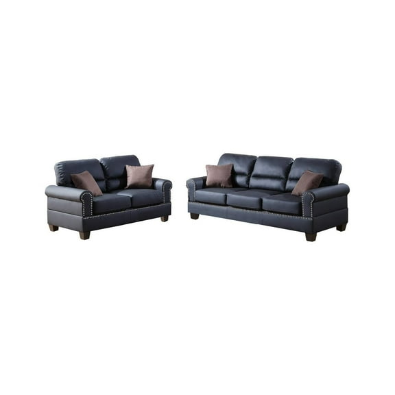 Modern 2 Piece Sofa Loveseat Set - Faux Leather Living Room Furniture - Black Finish