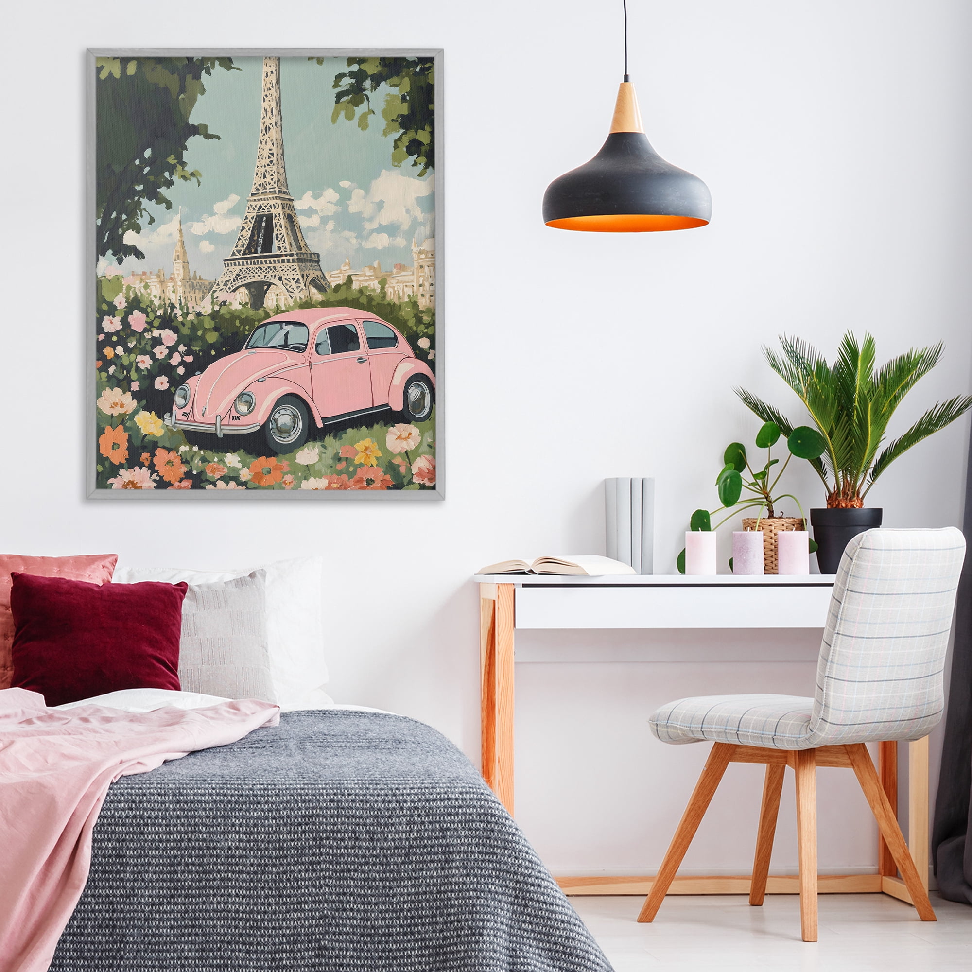 Stupell Industries Paris Pink Car in Bloom Gray Framed Giclee Art, design by The Prints Vibe