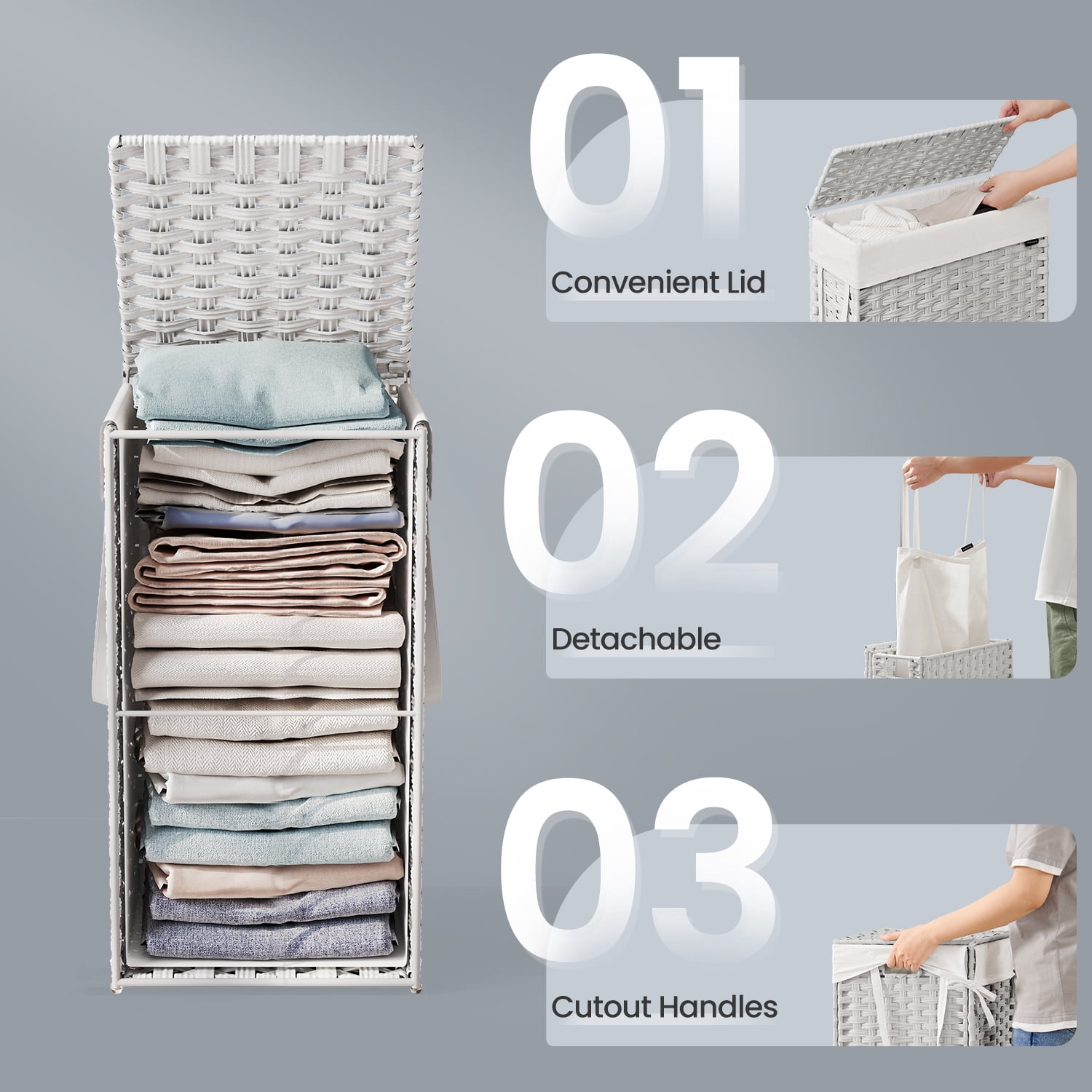 LEDREM 14.5-Gallon Slim Laundry Hamper with Lid, Rattan Clothes Basket with Removable Liner & Handles, Foldable, Space-Saving, Cloud White