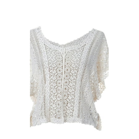 Dolman Crop - Anna-Kaci Womens Boho Beach Off White Crochet Scalloped Dolman Sleeve Crop Top
