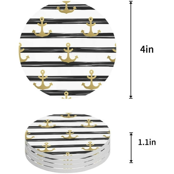 FMSHPON Nautical Anchor Black and White Stripe Set of 4 Round Coaster for Drinks, Absorbent Ceramic Stone Coasters Cup Mat with Cork Base for Home Kitchen Room Coffee Table Bar Decor