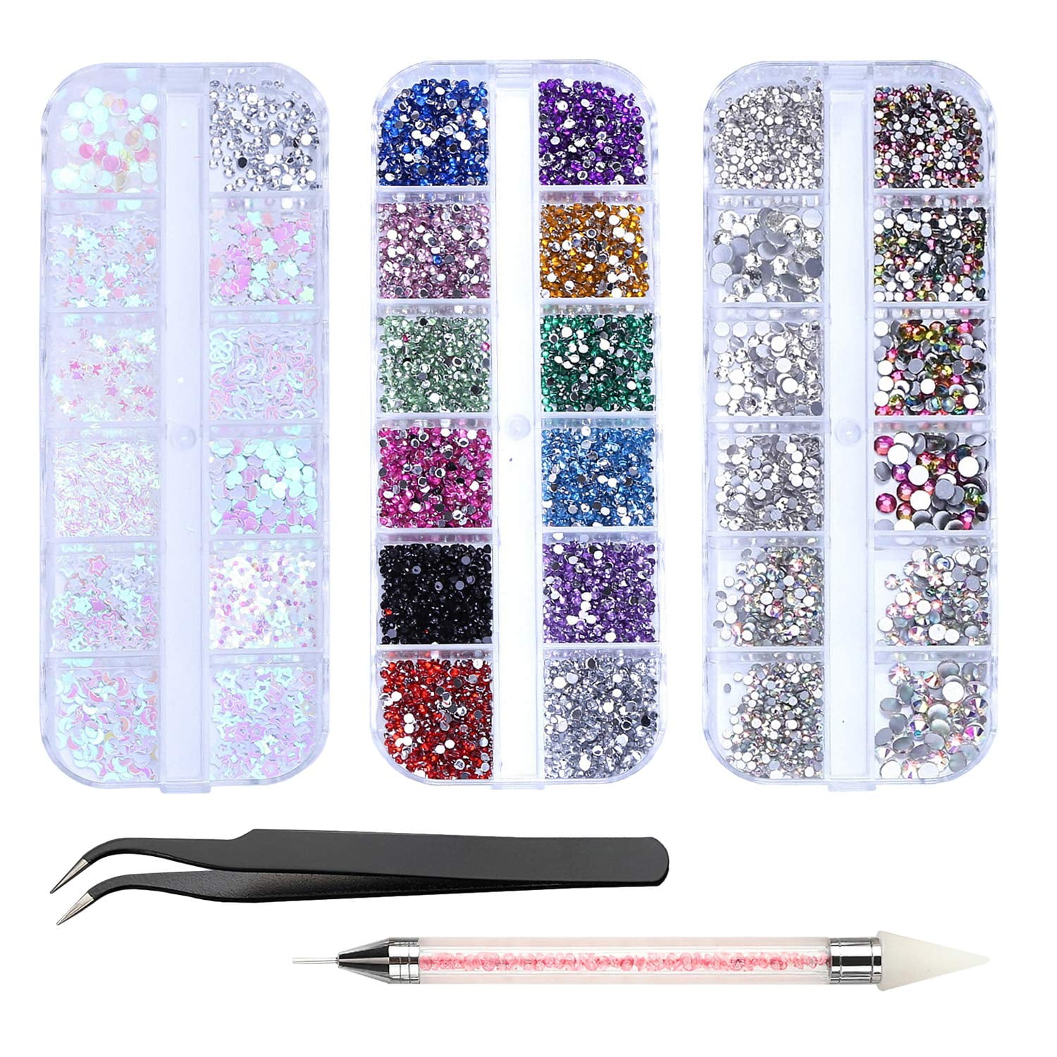 4200pcs Nail Art Rhinestones, SPOKKI Mix Sizes with Tweezers & Pen for Decoration, DIY Crafts