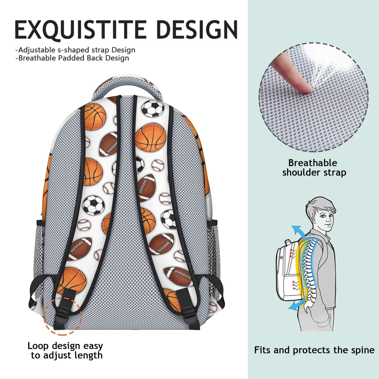 Sports Competition Print Backpack for Teens - Waterproof & Lightweight Student Backpack - Breathable Shoulder Straps for Baseball, Soccer, Football