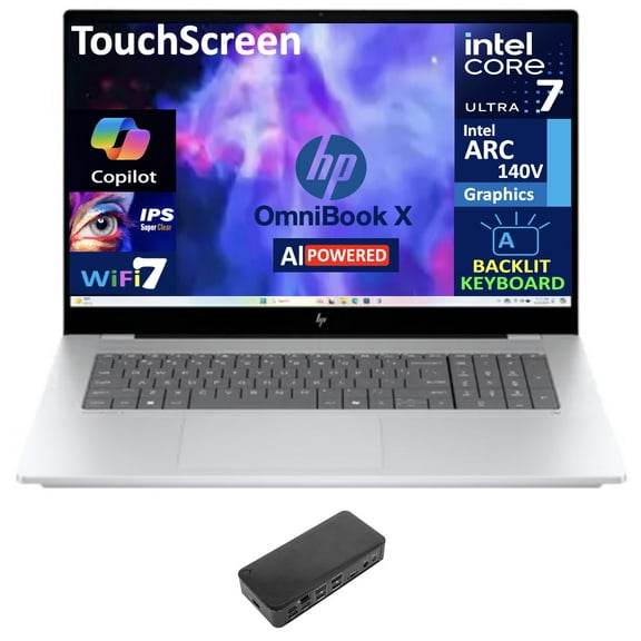 HP OmniBook X AI Powered Laptop 17.3in Touchscreen IPS FHD Display (Intel Ultra 7-258V, 32GB LPDDR5X, 2TB PCIe SSD, Intel Arc 140V, Backlit KB, Thunderbolt 4, WiFi 7, Webcam, Win 11 Pro) w/USB-C Dock