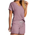 thumbnail image 2 of Viluyesy Tops Elastic Waist Short Pants 2PC Women V-Neck T-Shirt and Shorts Set Shirt and Shorts Sets Two PC Purple Size M, 2 of 5