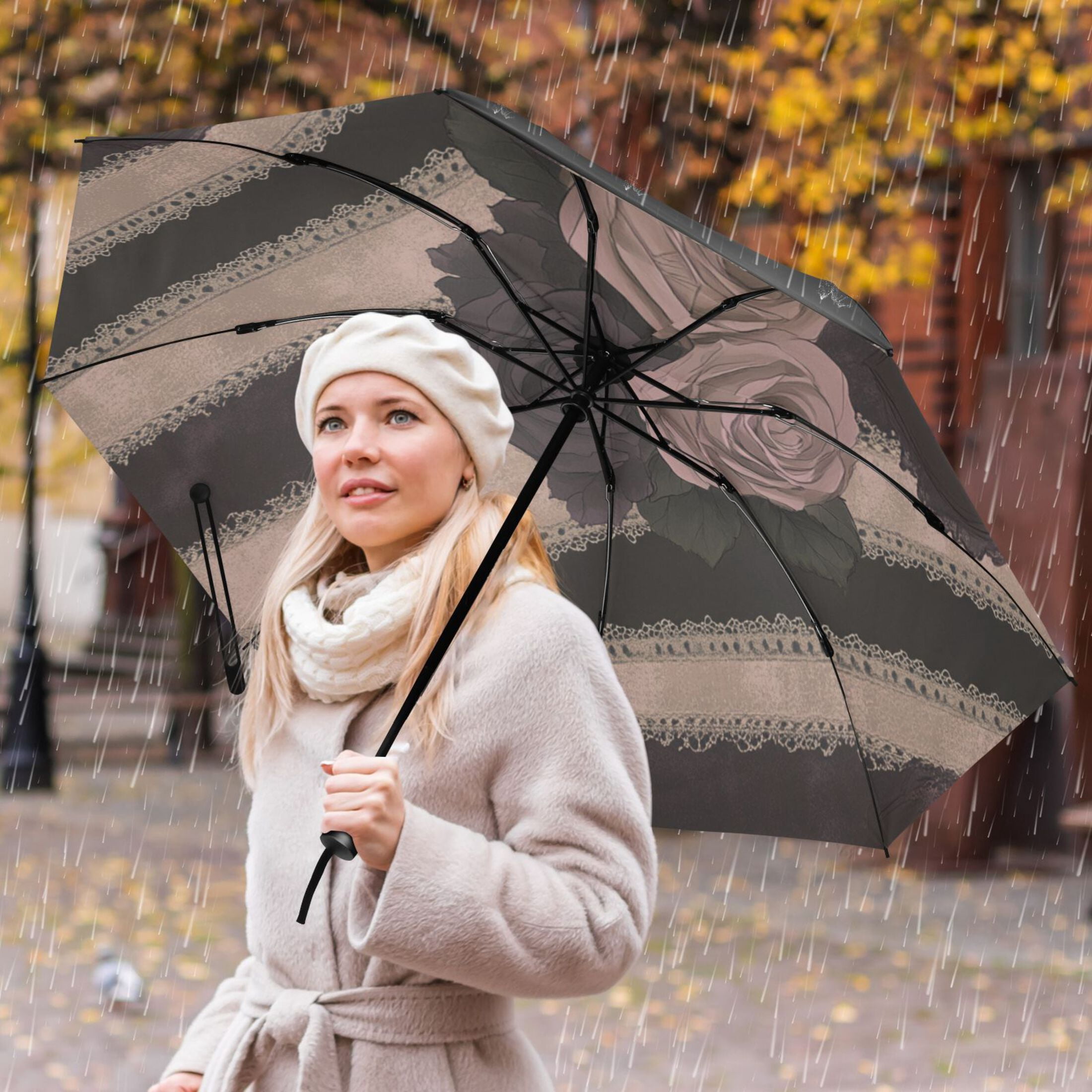 Rose Pattern Extra Large Automatic Umbrella, UV Protection, Waterproof, Auto Open and Close