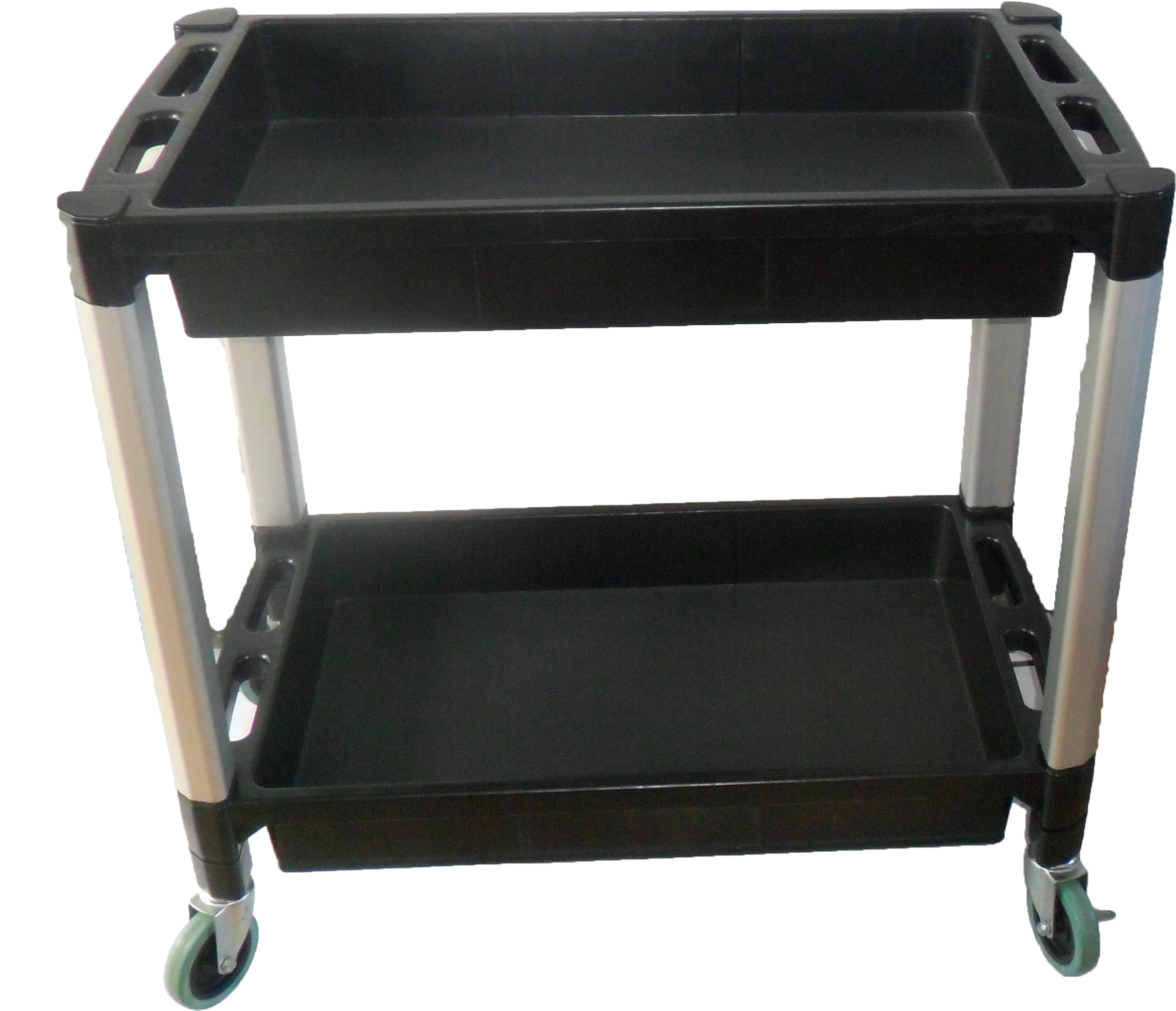 MaxWorks 80384 Black and Gray Two-Tray Service/Utility Cart With Aluminum Legs And 4 Diameter Swivel Castors 
