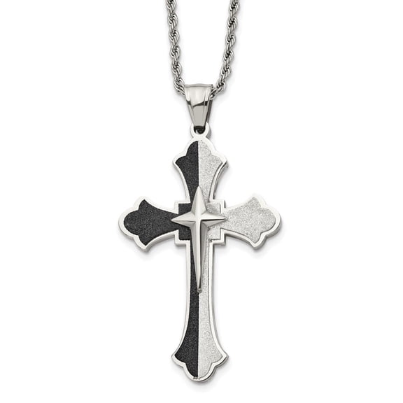 Auriga Stainless Steel Black IP-plated Laser cut Cross Pendant on a Rope Chain Necklace for Men 24"