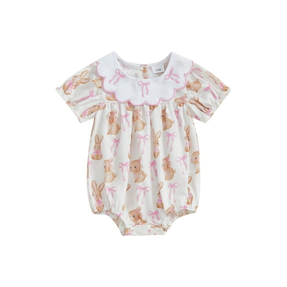 Qmyliery Baby Girl Easter Romper Rabbit Bow Doll Collar Ruffle Sleeve Bodysuit Cute Summer Clothes 3 6 12 18 Months