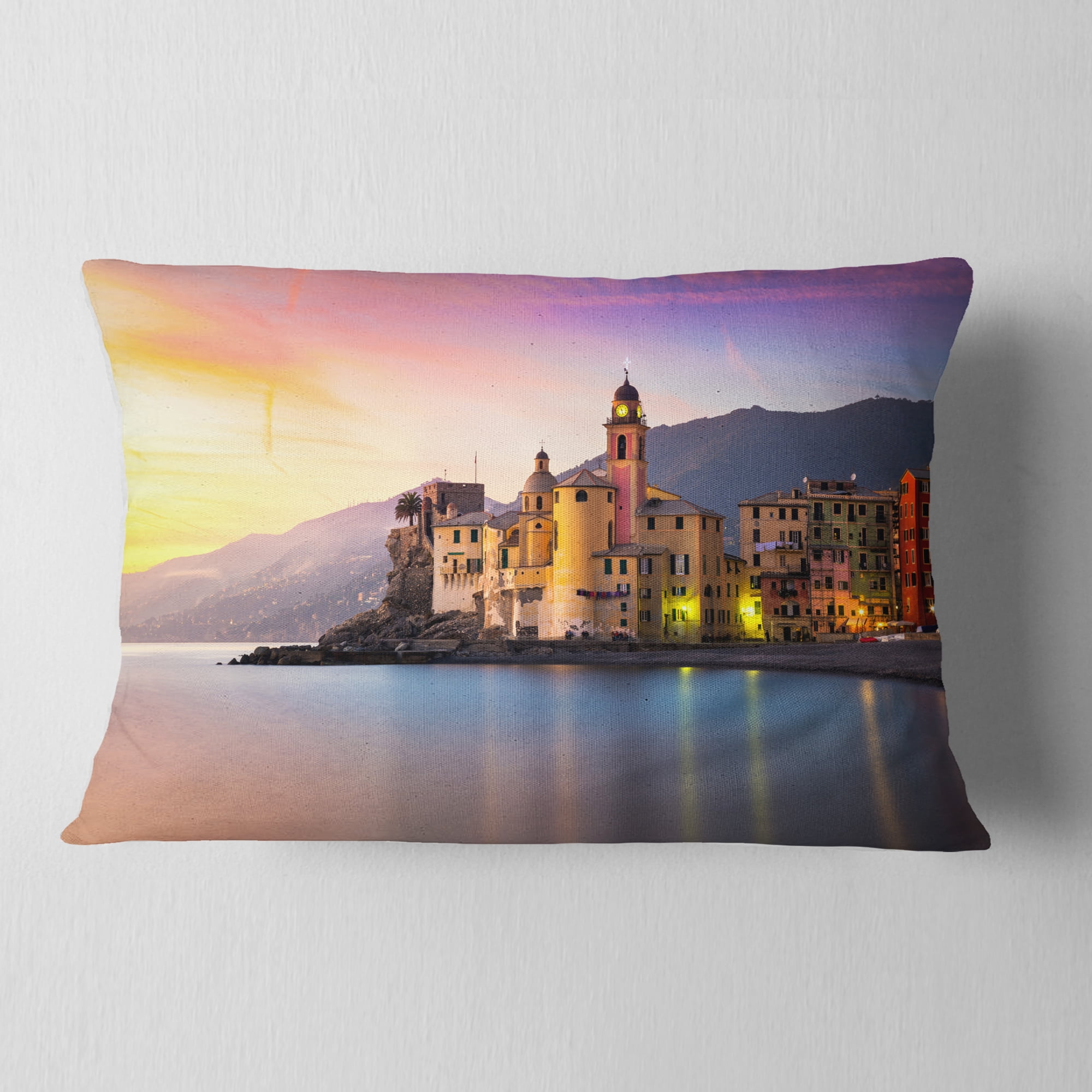 Designart Old Mediterranean Town at Sunrise - Seashore Throw Pillow - 12x20