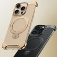 thumbnail image 2 of for iPhone 13 Case [Ring Stand] [Compatible with Mag-safe] Plain Luxury PU Leather Frameless Metal Corners Design Shockproof Phone Case for iPhone 13 Men Women, Gold, 2 of 11