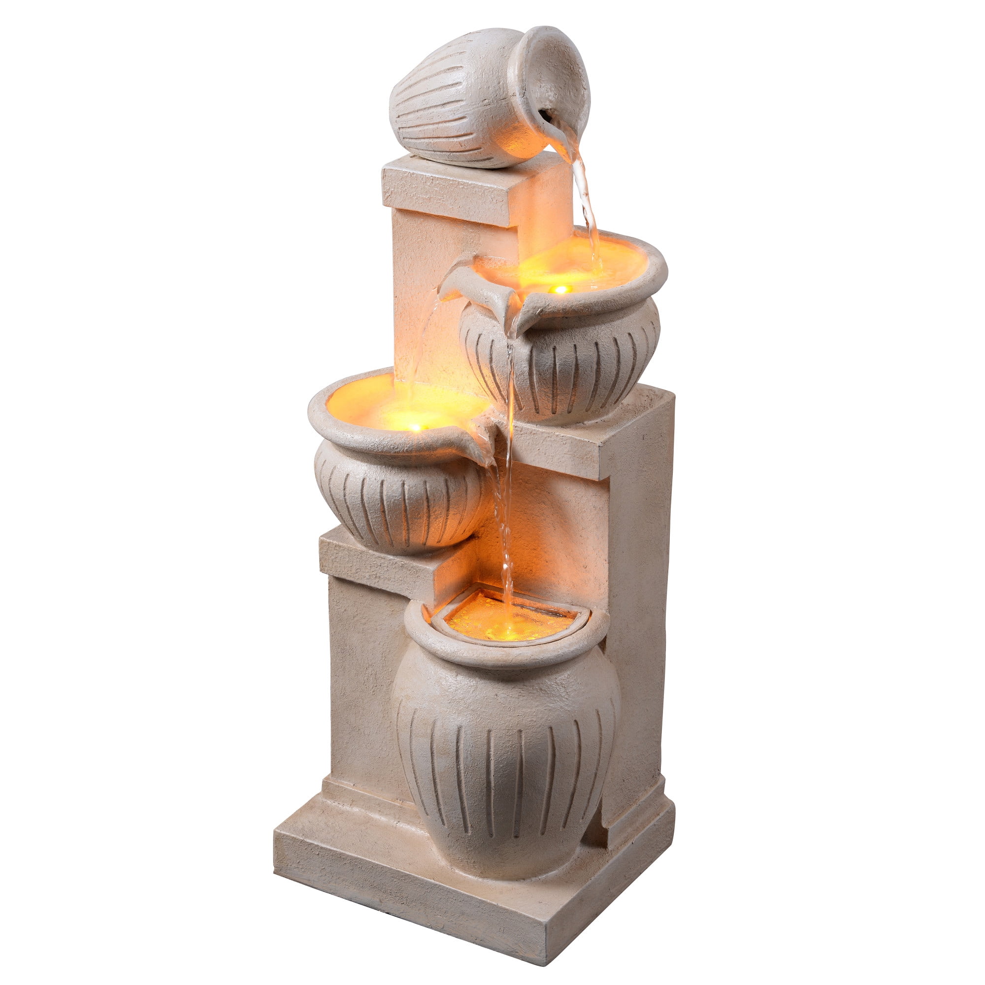 Teamson Home Outdoor 4-Tier Cascading Bowl Water Fountain with LED Lights, Solar-Powered & Adjustable Flow Rate, Natural