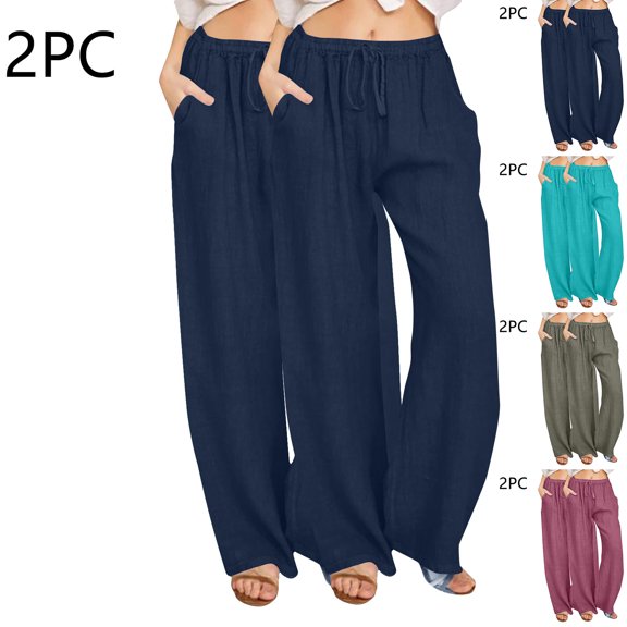Eiyaclvo 2 Pack Linen Pants for Women Lounge Drawstring Elastic Waisted Palazzo Pants Loose Comfy Wide Leg Pants Casual Summer Beach Trousers with Pockets