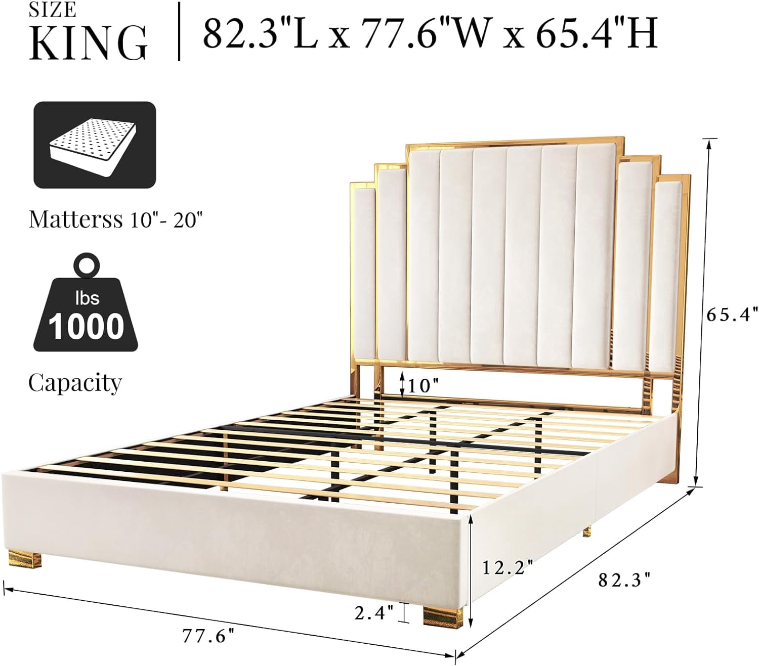 VanAcc King Size Platform Bed Frame, 61.4" Velvet Upholstered Bed: with Gold Trim Headboard/Wooden Slats/No Box Spring Needed/Cream