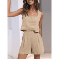 thumbnail image 4 of Women'S Summer 2 Piece Outfits Sleeveless Crop Top Shorts Linen Lounge Beach Travel Sets Khaki L, 4 of 6