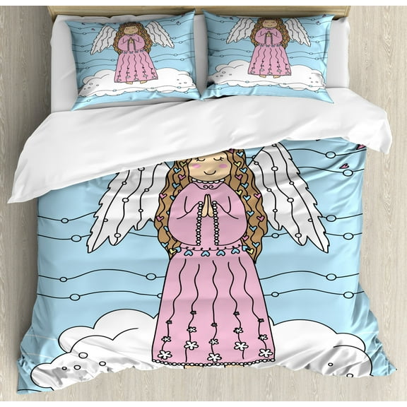 Angel Wings Duvet Cover Set King Size, Girl on Clouds Praying for Love Christmas Hearts Doodle, 3 Piece Bedding Set with 2 Pillow Shams, Pale Azure Blue White and Pink, by Ambesonne