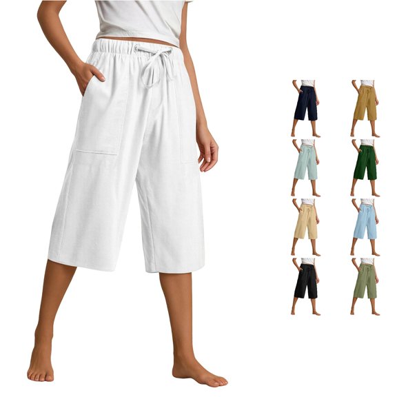 NinXxx Women's Loose Fit Lightweight Cropped Capri Trousers Comfort Style White XXXL