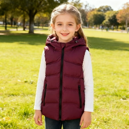 Girls Puffer Vest Hooded Red Vest Kids Full-Zip Lightweight Sleeveless Windproof down Jacket Boys Vests 5-6 Years