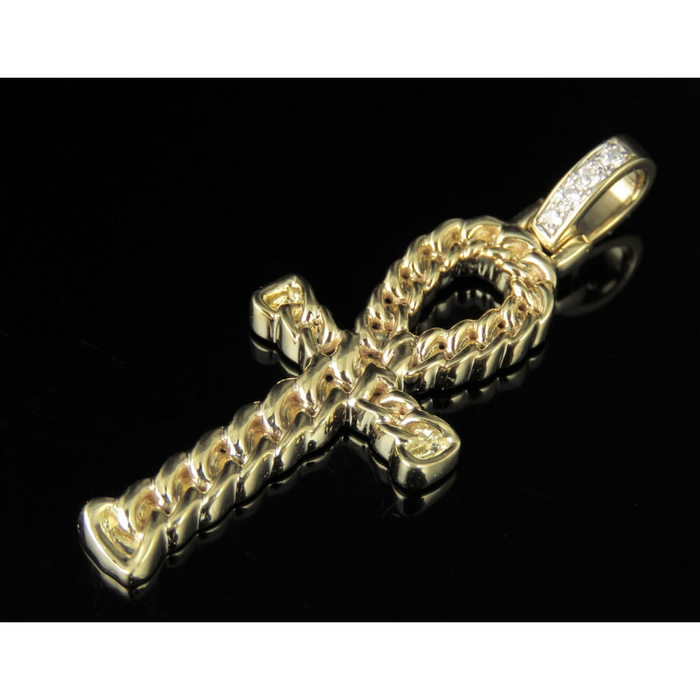 Jewelry Unlimited Solid 10K Yellow Gold Real Diamond Cuban Link Ankh