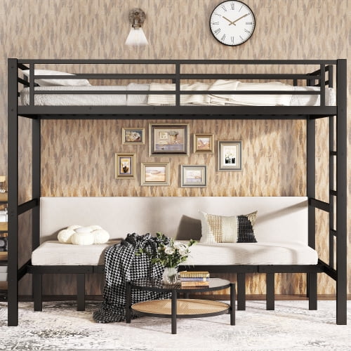Twin XL Bunk Bed, Pull Out Sofa Bunk Bed with 3-Section Foldable Lower Bed, Metal Bunk Bed with Safety Rails, Convertible U-Shape Sofa Bed, Black