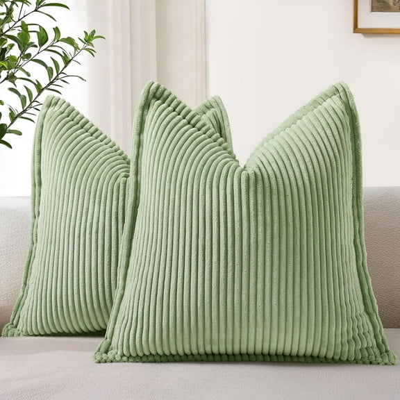 Corduroy Sage Green Throw Pillow Covers 18x18 Set of 2 Decorative Soft Striped Couch Neutral Farmhouse Pillow Covers with Broadside for Living Room Bed Sofa