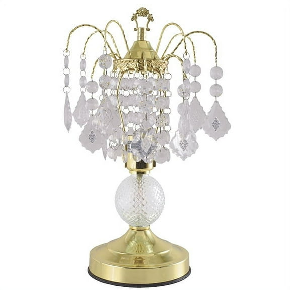 NEW Polished Brass Base w/ Glass & Faux Crystal Ornaments Shade 16" Table Lamp 3056, 1 Bulb Included