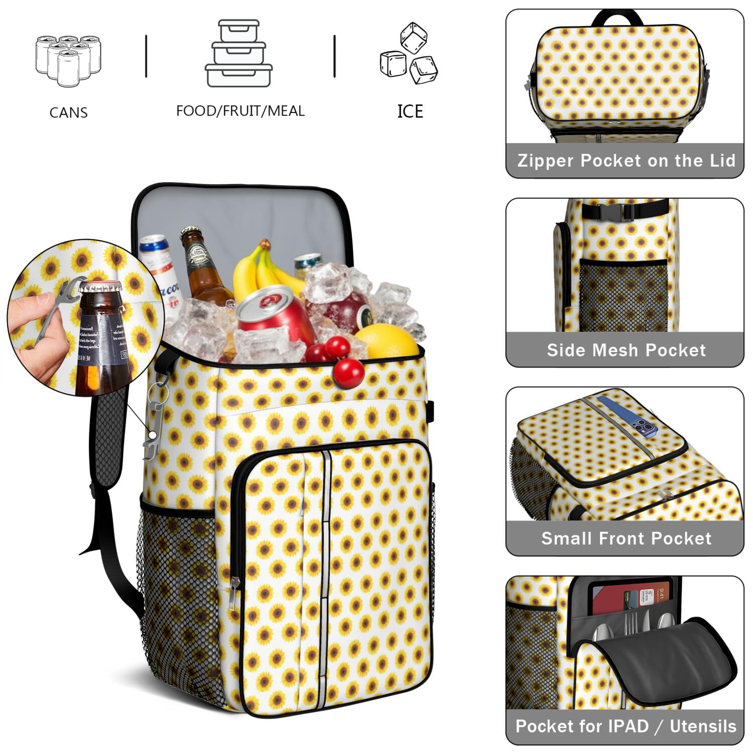 Travel Cooler Bag - White Sunflower Camping Beer Cooler Backpack with Bottle Opener- Waterproof Insulated Picnic Backpacks - Cooler Bag for Beach