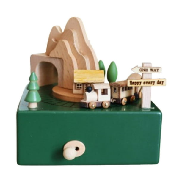Caja de música de madera, bonita decoración navideña para el hogar, la sala de estar y la oficina. Tren verde