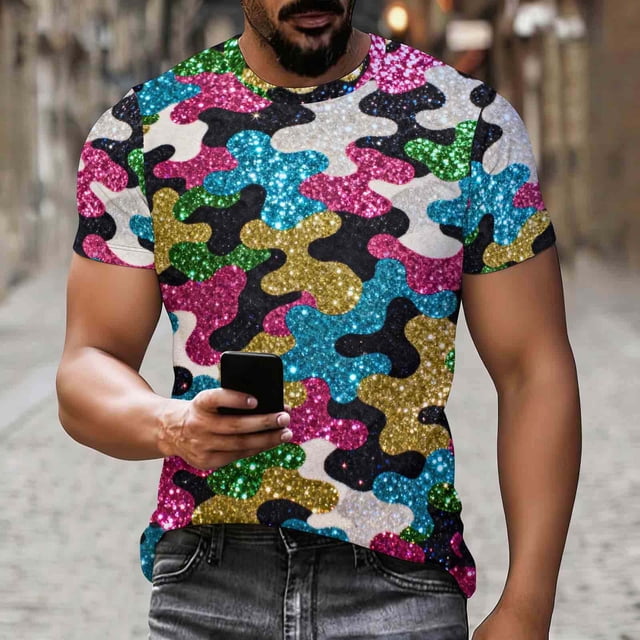 Ceisia Men's Slim Fit Rainbow Glitter Camouflage Print Crew Neck Short Sleeve Casual T-Shirt Gifts