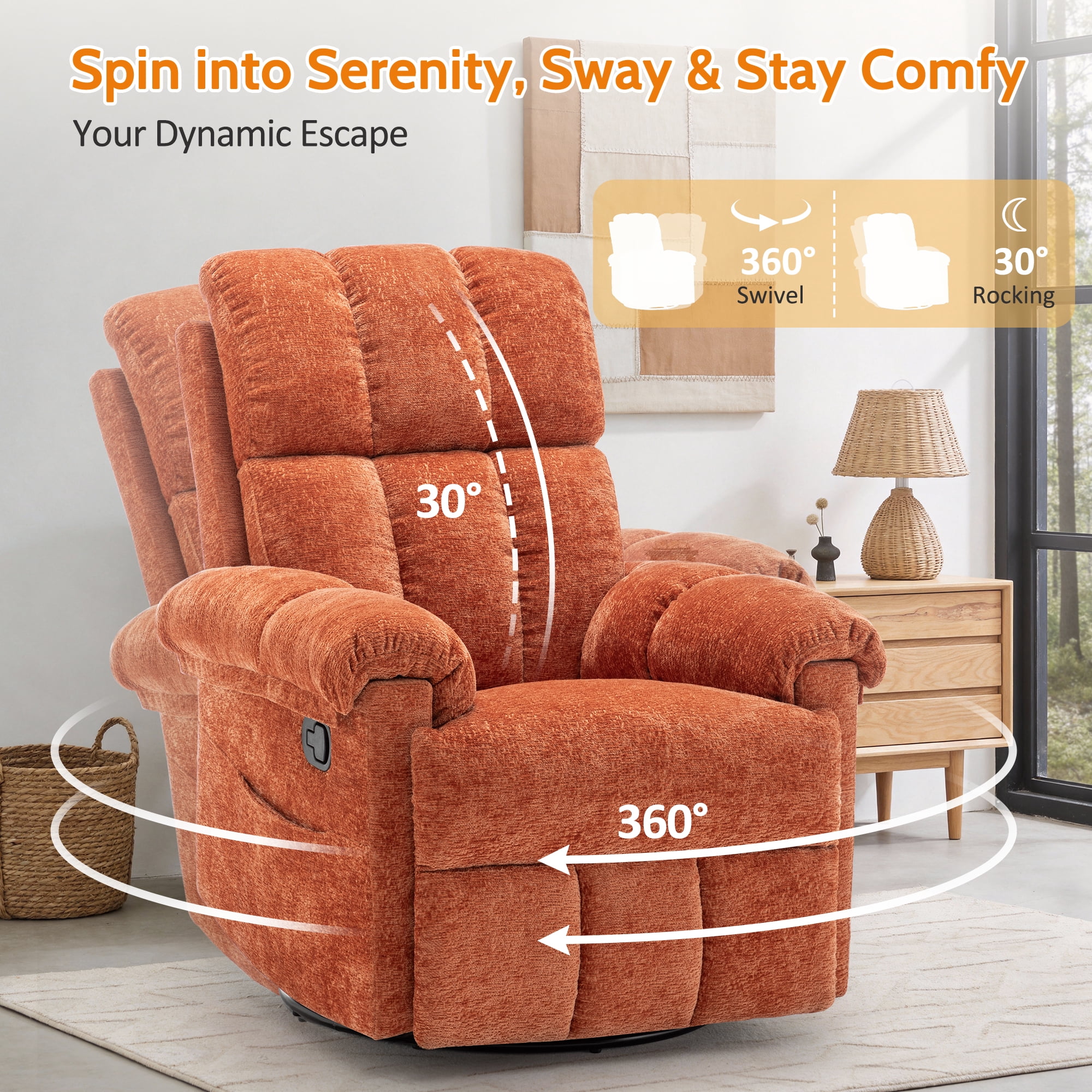 Korser Small Recliners for Small Spaces,Swivel Rocker Recliner Chair with Side Pockets for Living Room,Orange
