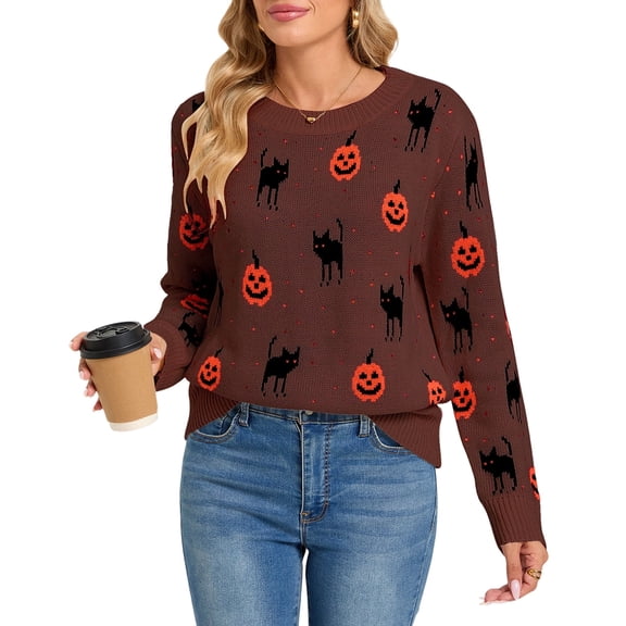 Cogild Sweaters for Women Halloween Sweater Black Cat Pumpkin Crew Neck Knit Pullover Long Sleeve Casual Fall Top, Brown