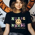 thumbnail image 3 of Nurse Smiley Face Graphic T-Shirt for Women, Retro Pastel Tee, Maroon, Size S, 3 of 6