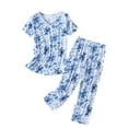 thumbnail image 1 of Onqubzoe Pyjama pour Femmes Ensemble Pyjama pour Femmes Été Col Rond Ensemble Pyjama Manches Courtes Pantalon Long Pyjama d'Été pour Femmes Bleu 3TG, 1 of 3
