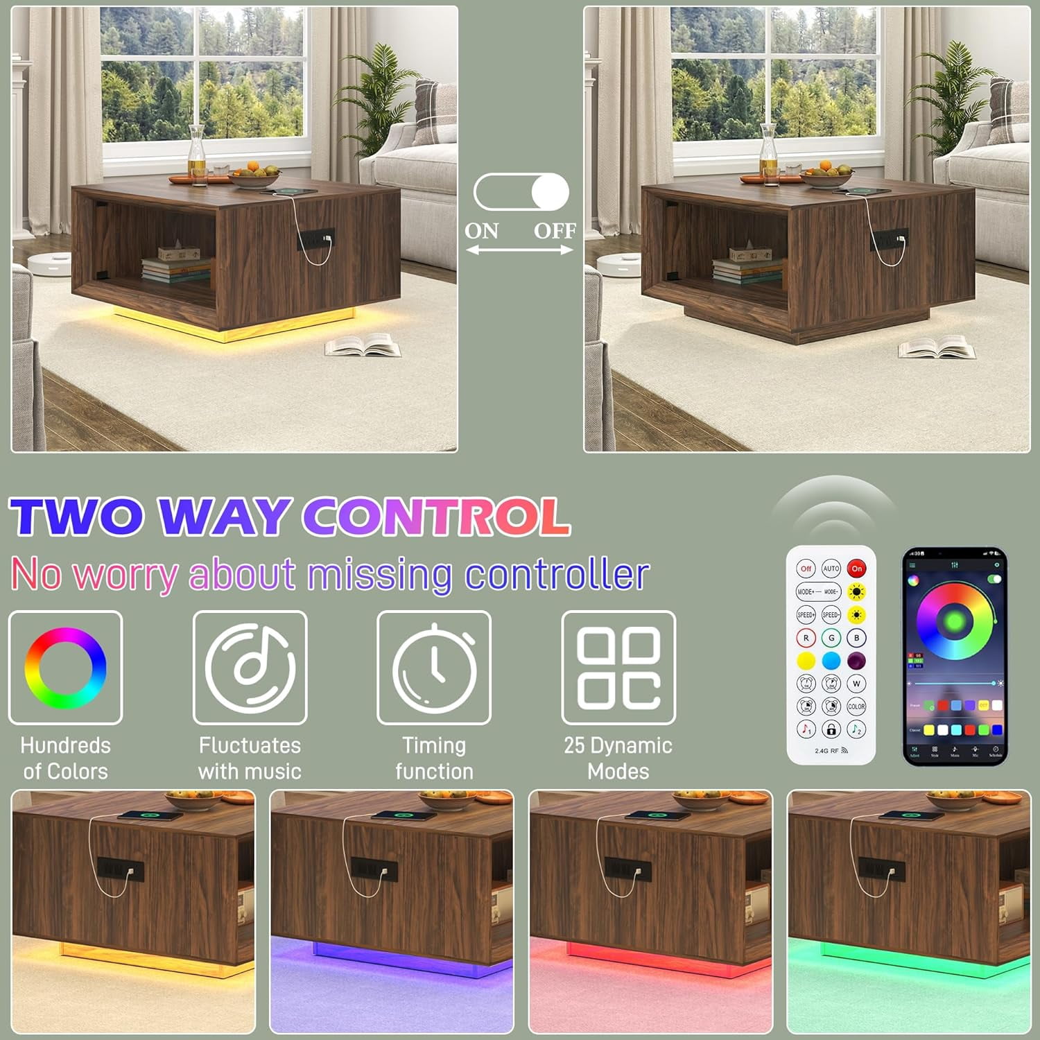 ANPOO 32"  Minimalist Modern Square Coffee Table with LED Light & Power Outlet, 2-Tier Wood Mid Century Table with Storage for Living Room