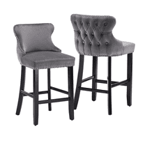 Set of 2 Wingback Upholstered Bar Stools with Nailhead Trim, Velvet Fabric Side Dining Room Chairs with Tufted Button, Living Room Chairs Counter Bar Stools Home Kitchen Island (Grey)