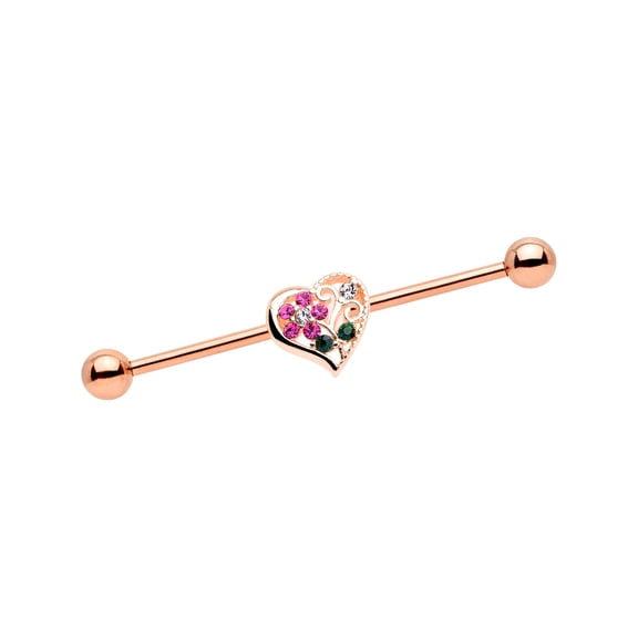 Body Candy 14G Plated Steel Helix Cartilage Earring Rosy Pink Accent Flower Heart Industrial Barbell 1 1/2"
