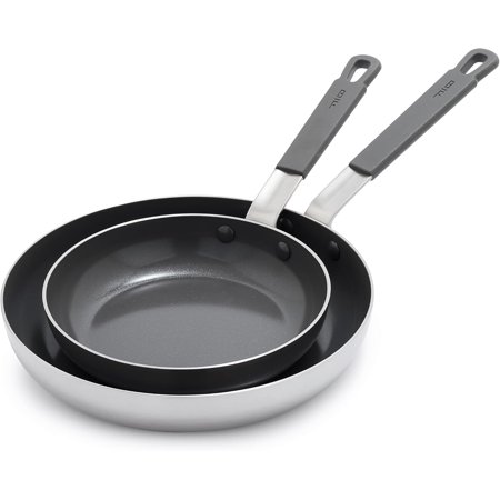 Bobby Flay Stainless Steel 8 & 10 Frying Pan Skillet Set, Professional Grade Tri-Ply, PFAS-Free Ceramic Nonstick, Induction Suitable, Dishwasher & Oven Safe, Stay Cool Handle