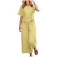 thumbnail image 2 of yardsong Women's Solid Color Two Piece Linen Set for Women Matching Sets Travel Lounge Sets Summer Vacation Outfits Round Neck Top Wide Leg Pants Suit 2024 Yellow,M, 2 of 6