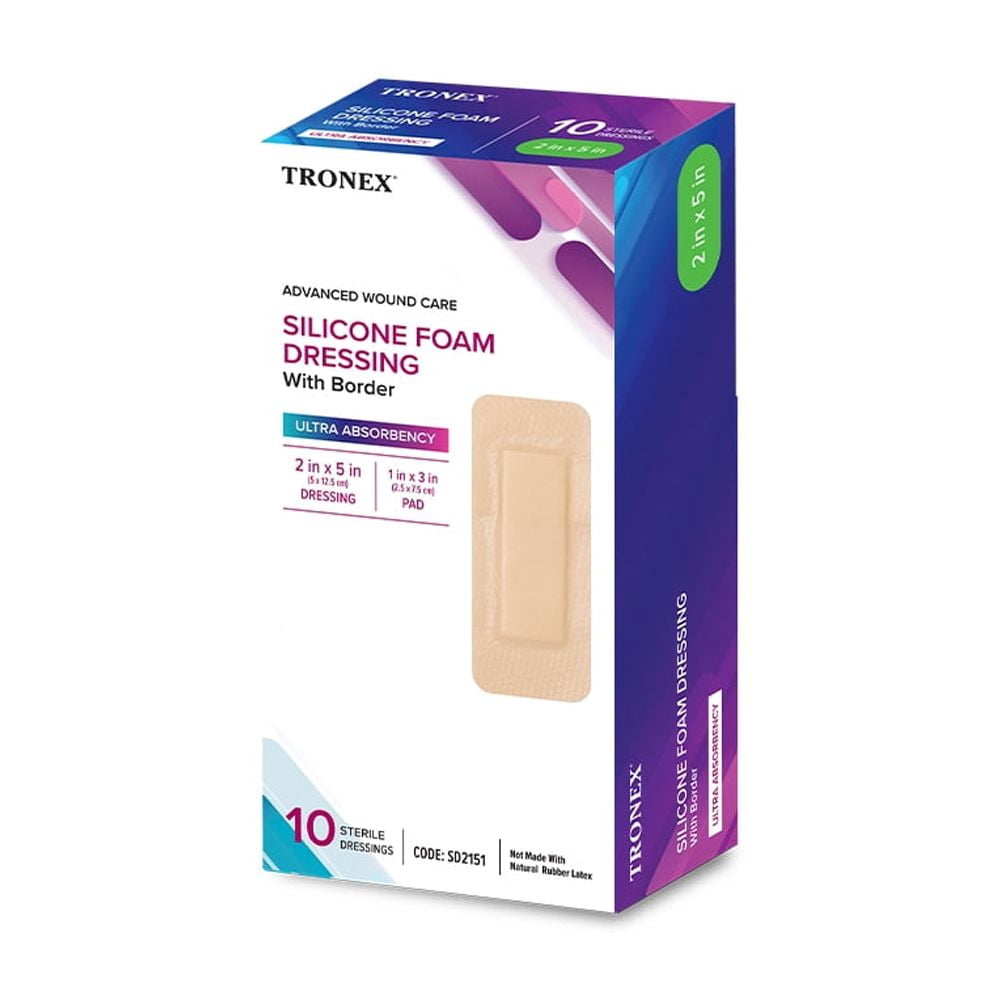 TRONEX SD2151 Silicone Foam Dressing 2”x5”, Adhesive Border, Waterproof, Sterile, Ultra Absorbency, Breathable, Advanced Wound Care, Gentle Removal, Latex Free, Beige, Pack of 20
