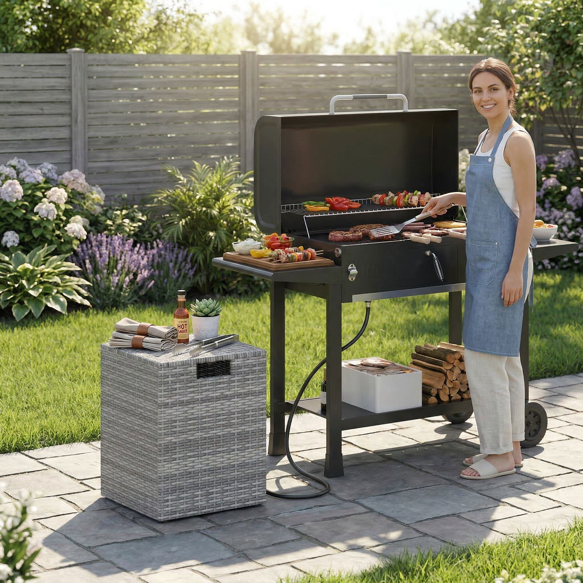 Resenkos Weather Resistant PE Rattan Propane Tank Cover, Multiuse Patio Side Table and Gas Tank Hideaway for Garden and Balcony, Gray