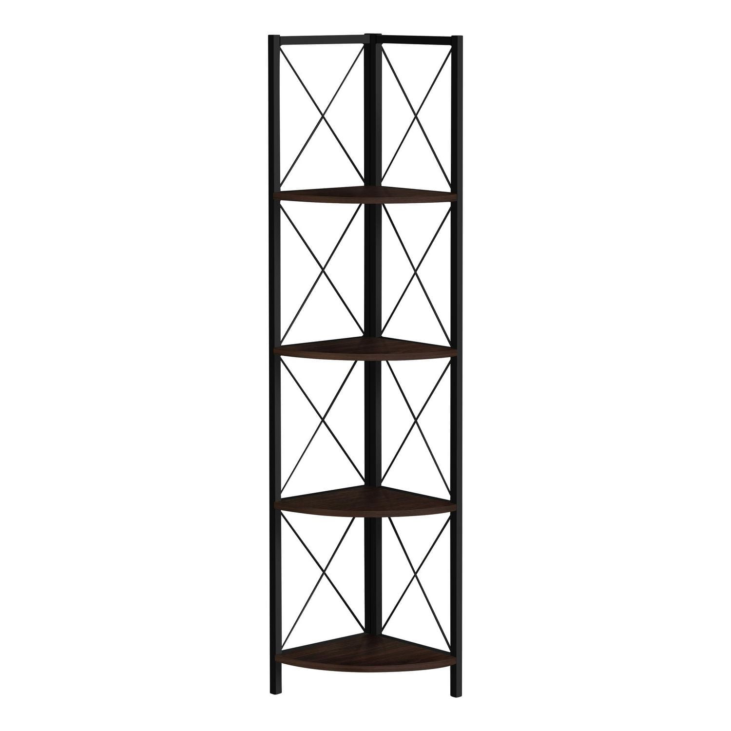 Monarch Specialties Bookshelf, Bookcase, Etagere, Corner, 4 Tier, 60"h, Office, Bedroom, Metal, Laminate, Brown, Black, Contemporary, Modern