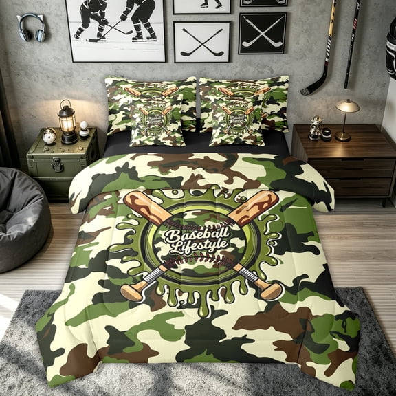 Feelyou Camo Baseball Twin Bedding for Boys, Ice Cream Drip Bat Bedding Comforter Set, Green Brown, Black Reversible, 7-Piece