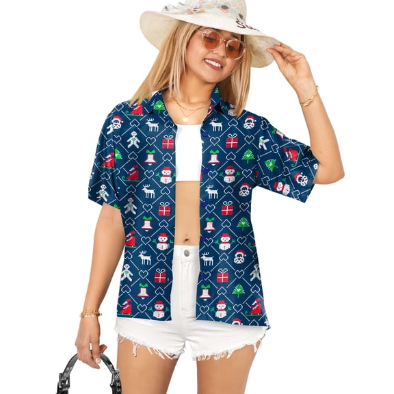 HAPPY BAY Women's Beach Funny Santa Claus Party Holiday Shirt Blouse Button Down Tops Hawaiian Christmas Tree Dresses for Women M Xmas Theme, Blue