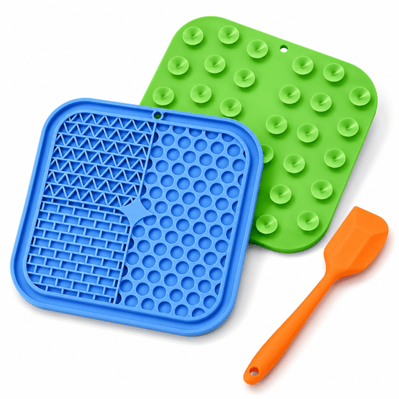 Lick Mat for Dogs,3Pcs Slow Feeder Dog Bowls with Suction Cups(Green Dog Lick Mat Blue Lick Mat for Cats Orange Spatula) for Dog Treats & Cat Food (Anti-Slip,Food Grade Silicone)
