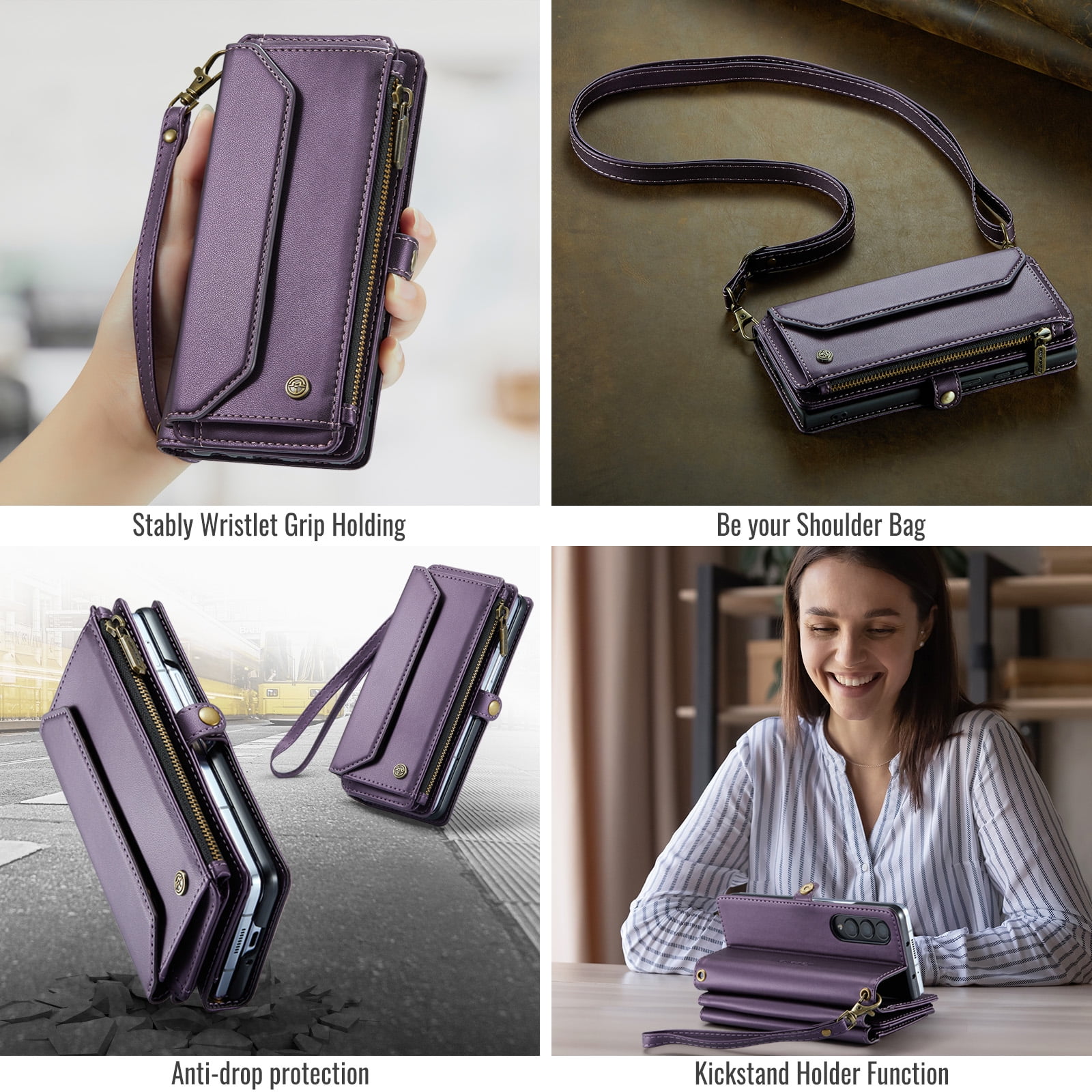 Dteck for Samsung Galaxy Z Fold 3 Case with RFID Blocking Wallet Case for Women Men, Shockproof PU Leather Magnetic Flip Strap Zipper Card Holder Phone Case,Purple
