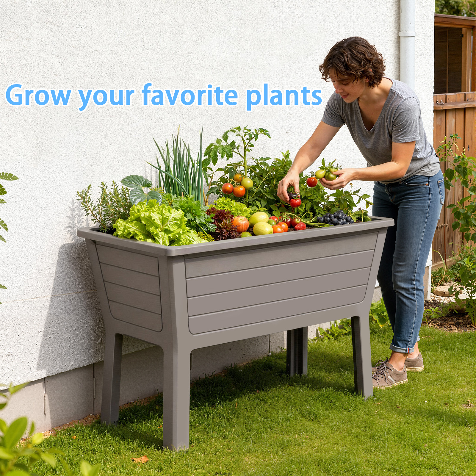 MAYEERTY Raised Garden Bed with Built-In Water Storage, UV-Resistant Planter Box for Patio Balcony Vegetable Flower Garden