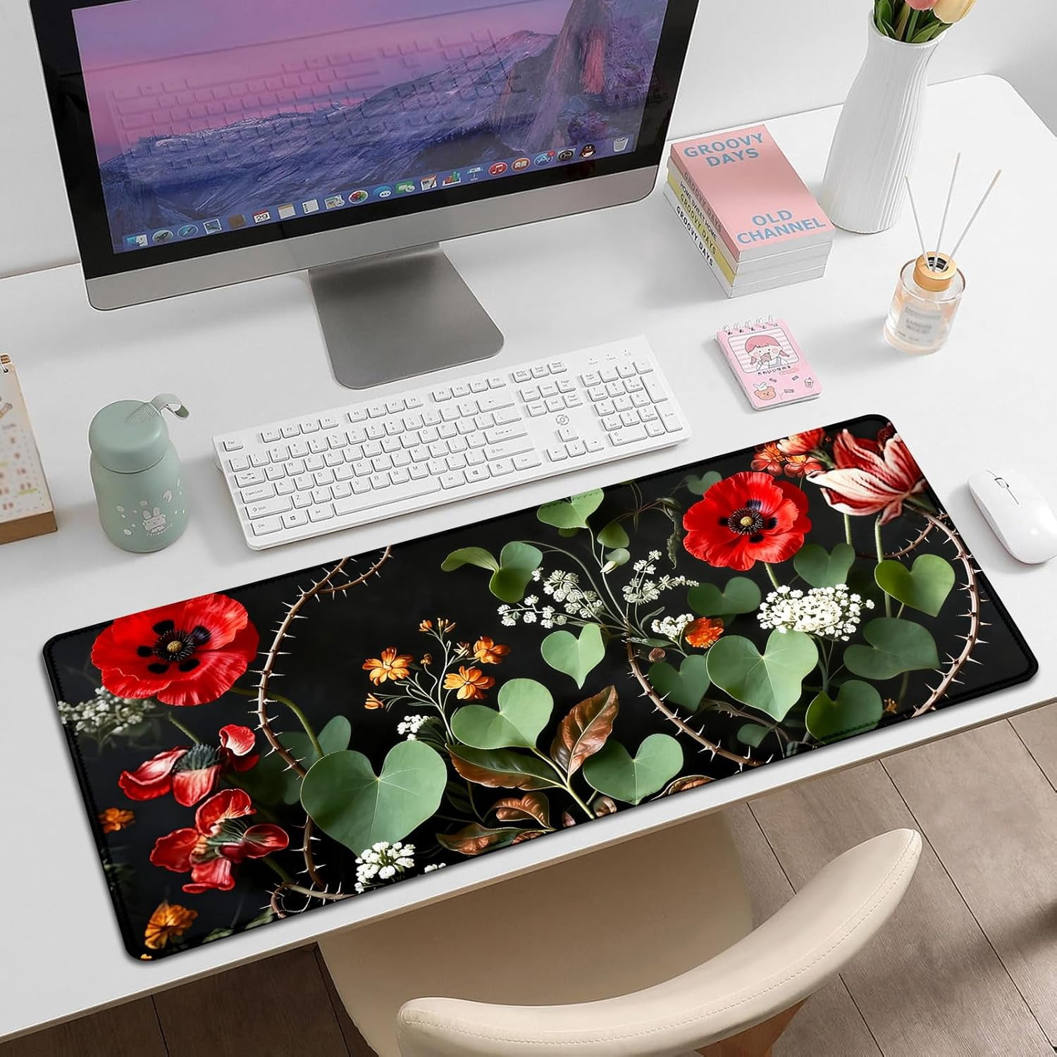 Heart Green Leaf Flower Large Mouse and Keyboard Pad, 31.5"x11.8" Full Desk Mat, Non-Slip Base, Smooth Cloth Surface, for Gaming, Office Work, Computer, PC, Laptop and Home Desktop